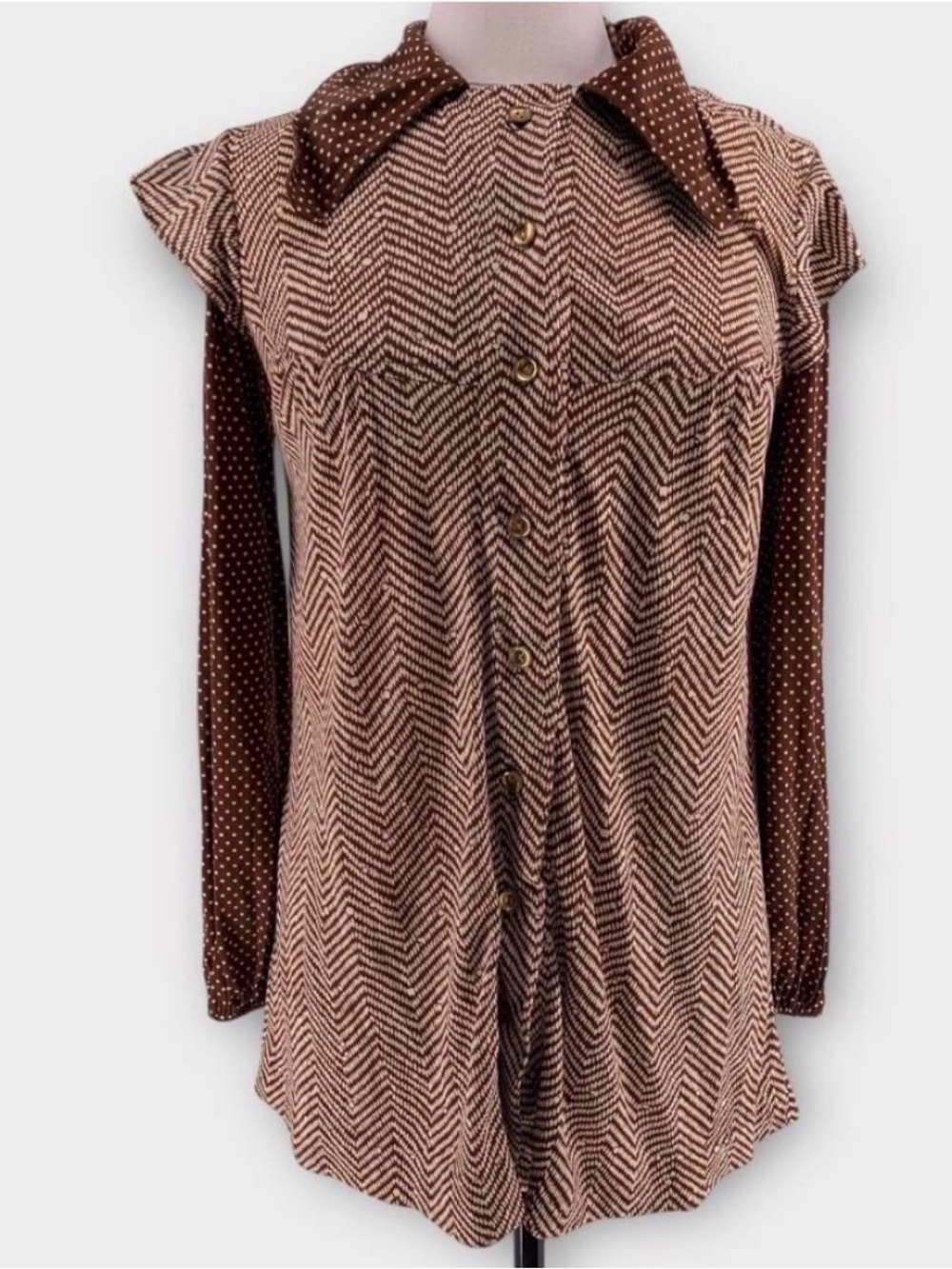~ 70s Blouse Vintage Brown Chevron Size L~